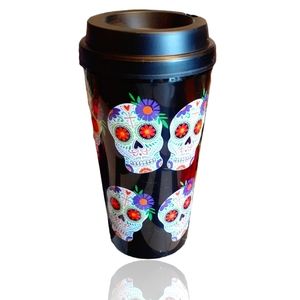 GROOVY GLAM Black Day of the Dead Sugar Skull Travel Tumbler with Lid